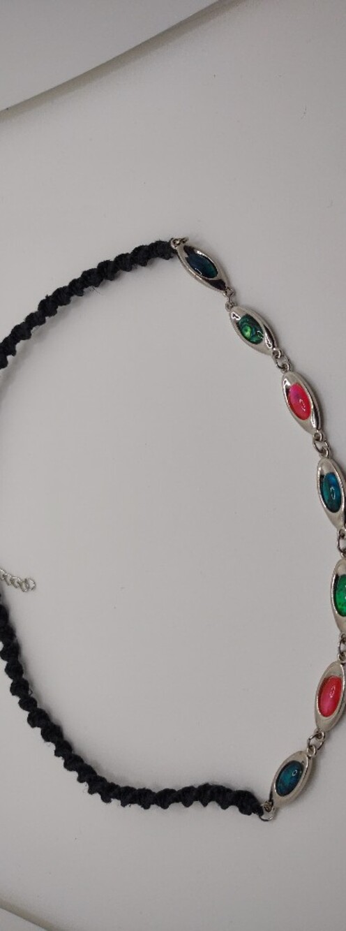 Multicolor Oval Inlay Necklace with Braided Black Cord
